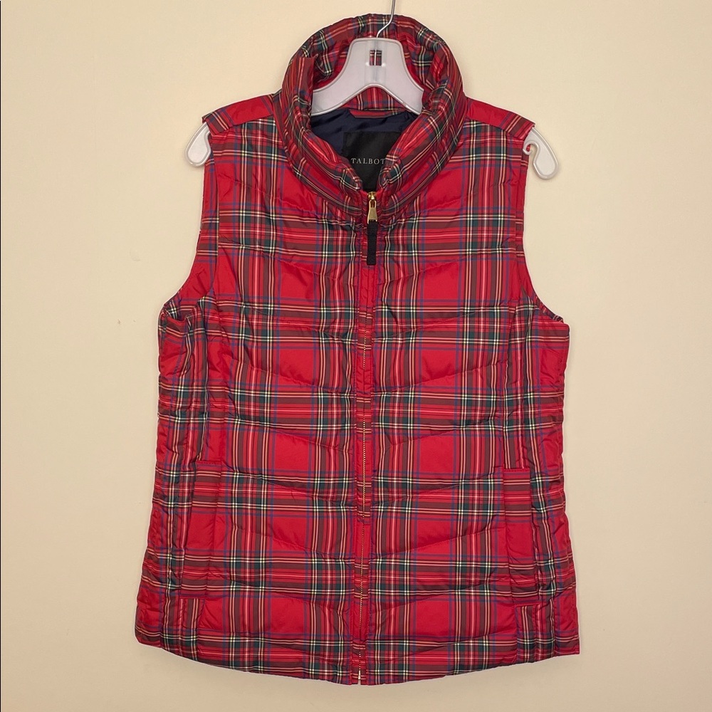 Talbots WM Red Tartan Plaid Down filled Quilted fleece pockets Zipup Puffer Vest